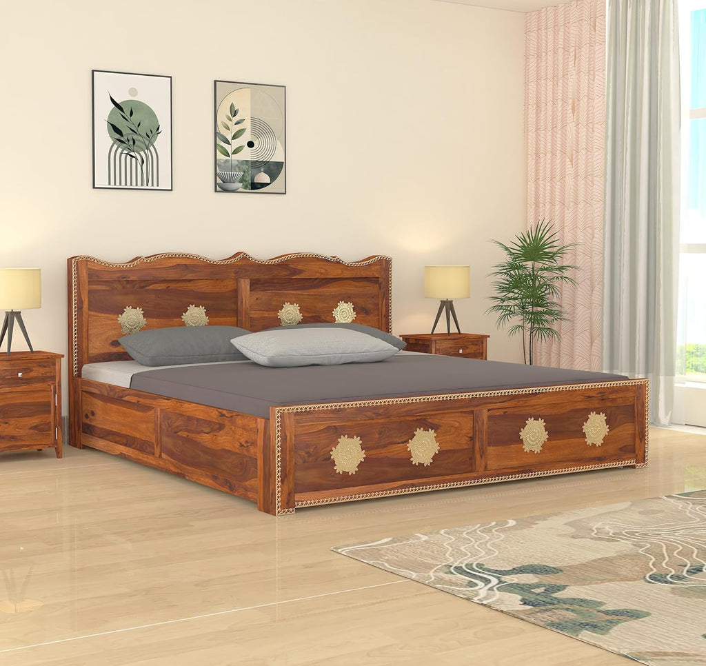 Wood King Size Storage Bed | Double Bed Cot Bed With Box Storage And Traditional Brass Work For Bedroom