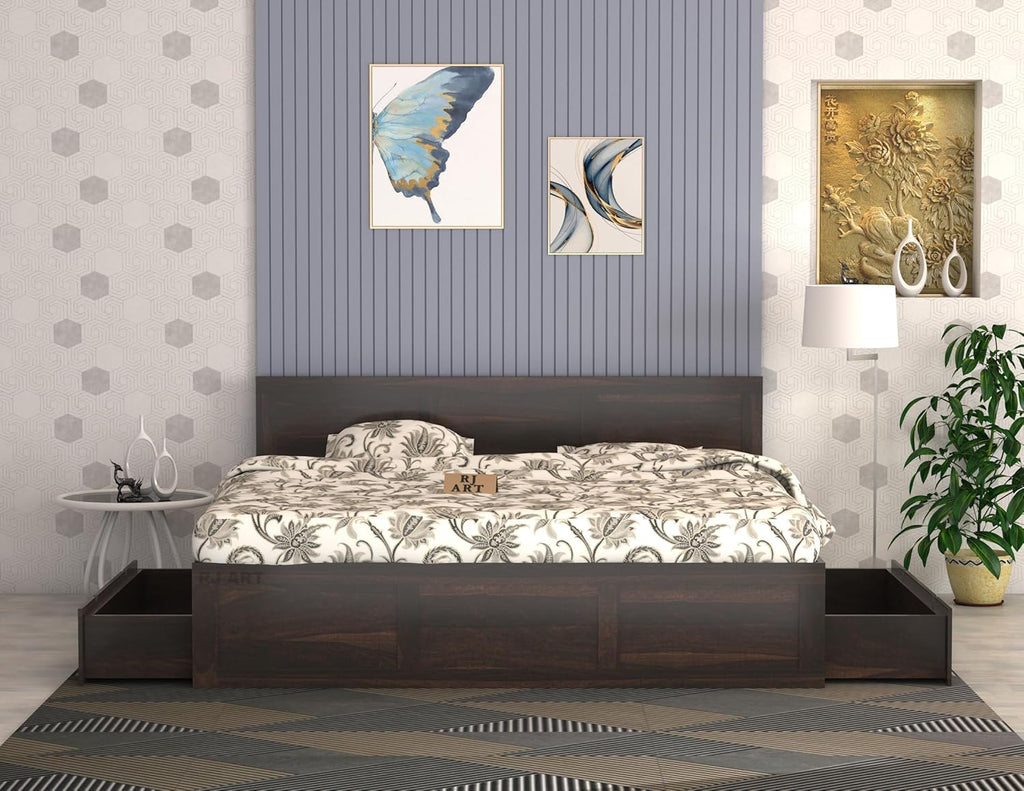 Sheesham Wood Bed with Storage | Solid Wood Pullout Storage Bed | Wooden Double Bed Cot with 2 Drawers for Bedroom & Hotel
