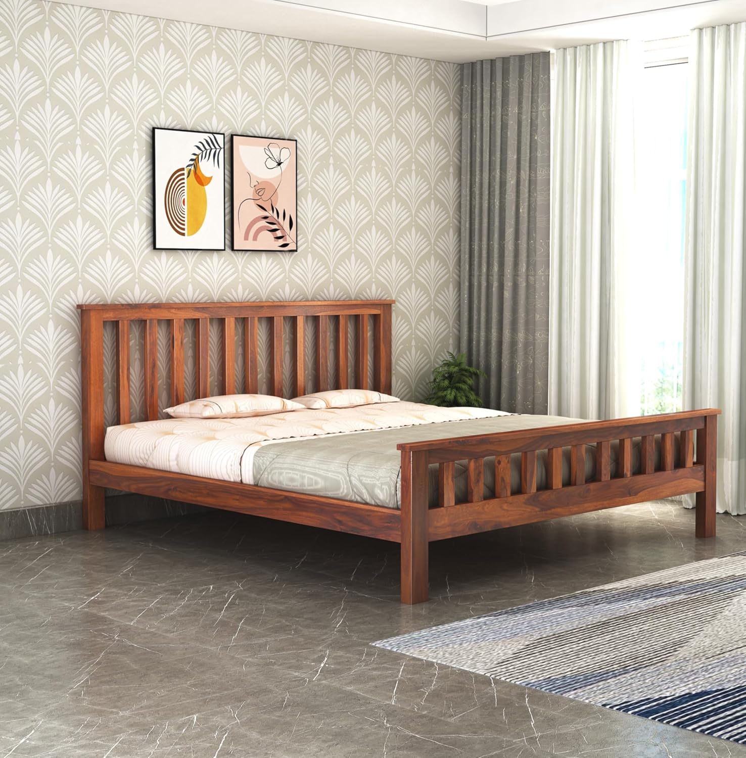 Wooden Bed Without Storage | Wooden Double Bed Cot Bed for Bedroom Furniture | Palang Double Bed for Hotels | Solid Sheesham Wood