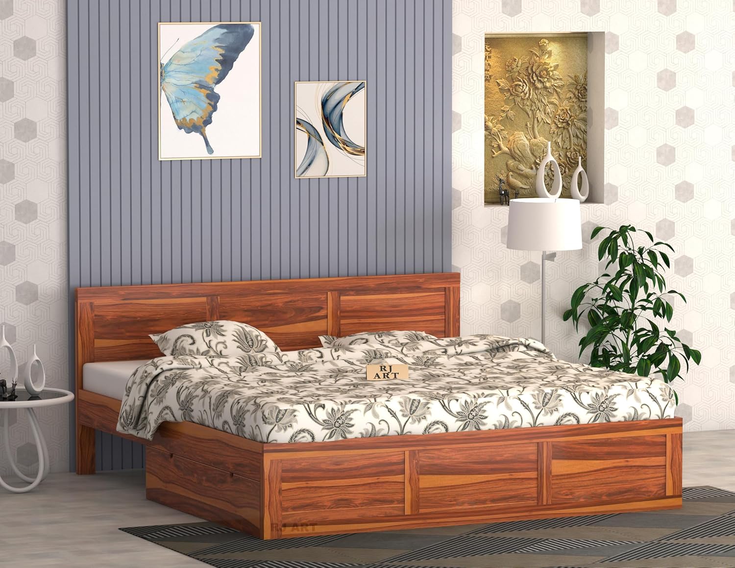 Sheesham Wood Bed with Storage | Solid Wood Pullout Storage Bed | Wooden Double Bed Cot with 2 Drawers for Bedroom & Hotel