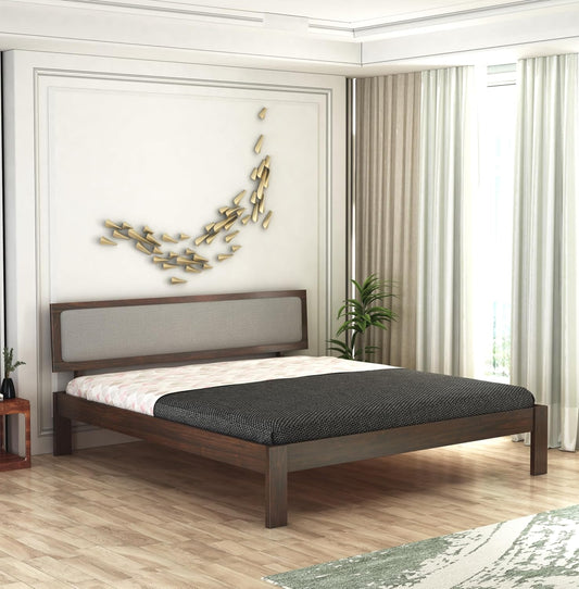 Wood Double Bed | Platform Cot Bed With Upholstered Cushioned Headboard | Sheesham Solid Wood