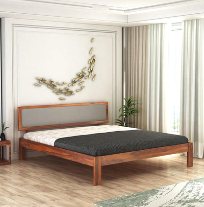 Wood Bed For Bedroom | Platform Cot Bed With Upholstered Cushioned Headboard | Sheesham Solid Wood