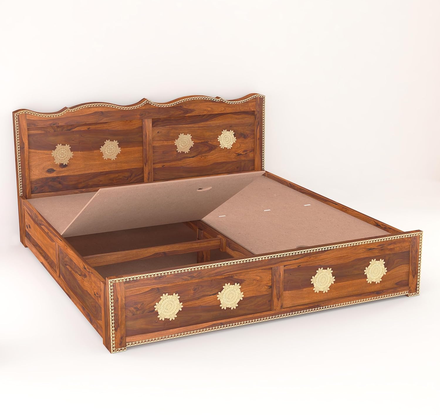 Wood King Size Storage Bed | Double Bed Cot Bed With Box Storage And Traditional Brass Work For Bedroom