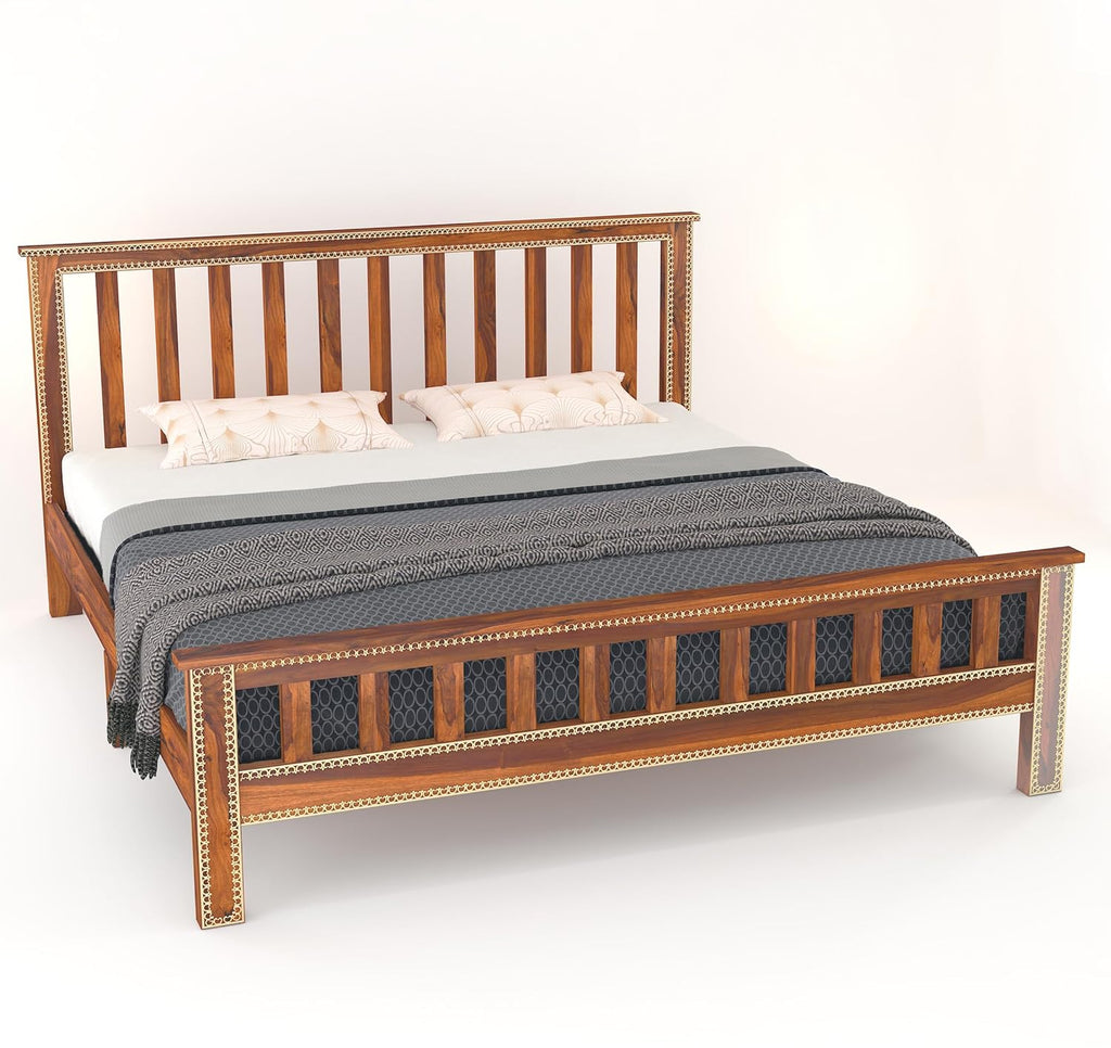 Wooden King Size Bed Without Storage | Double Bed Cot Bed with Traditional Brass Work for Bedroom & Hotel | Platform Bed/Palang | Sheesham Wood