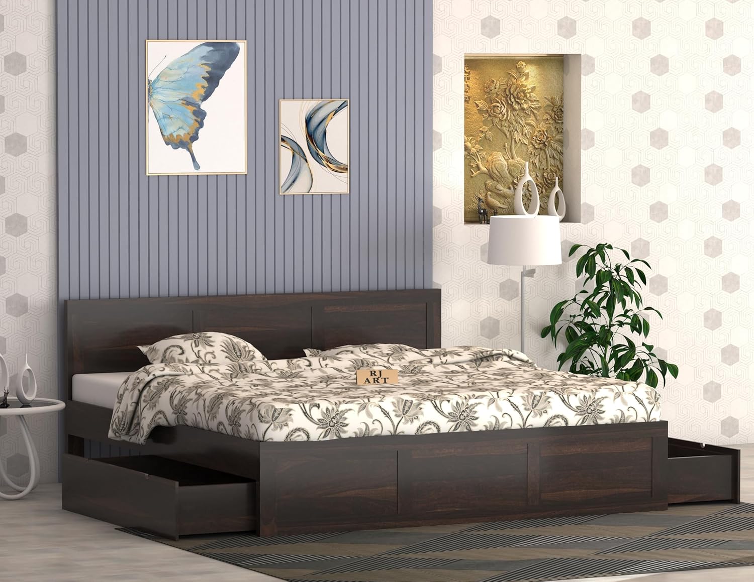 Sheesham Wood Bed with Storage | Solid Wood Pullout Storage Bed | Wooden Double Bed Cot with 2 Drawers for Bedroom & Hotel