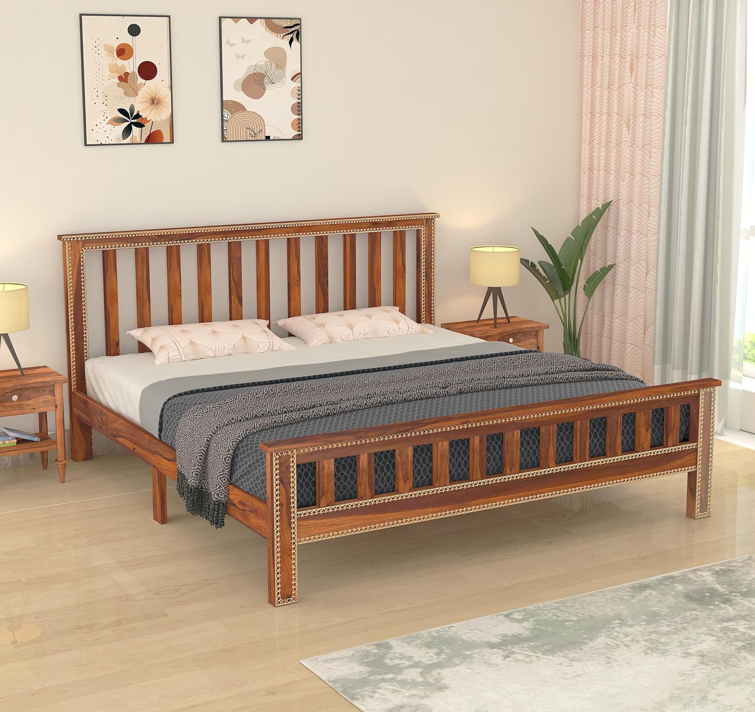 Wooden King Size Bed Without Storage | Double Bed Cot Bed with Traditional Brass Work for Bedroom & Hotel | Platform Bed/Palang | Sheesham Wood