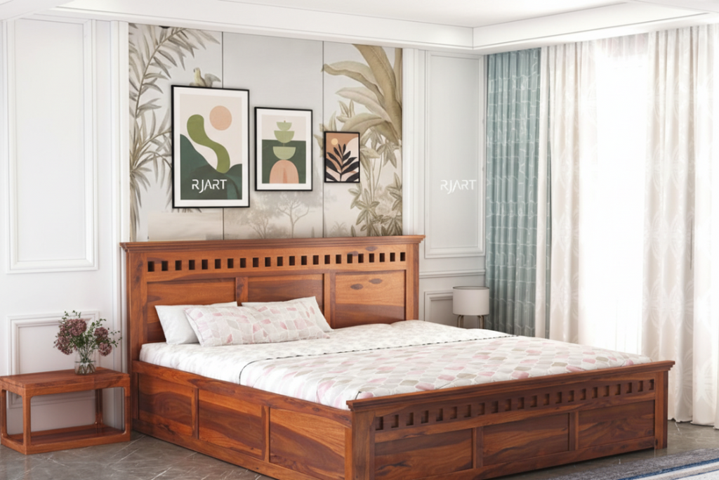 Rjart Wood Storage Bed | Double Bed Cot Bed With Box Storage For Bedroom | Sheesham