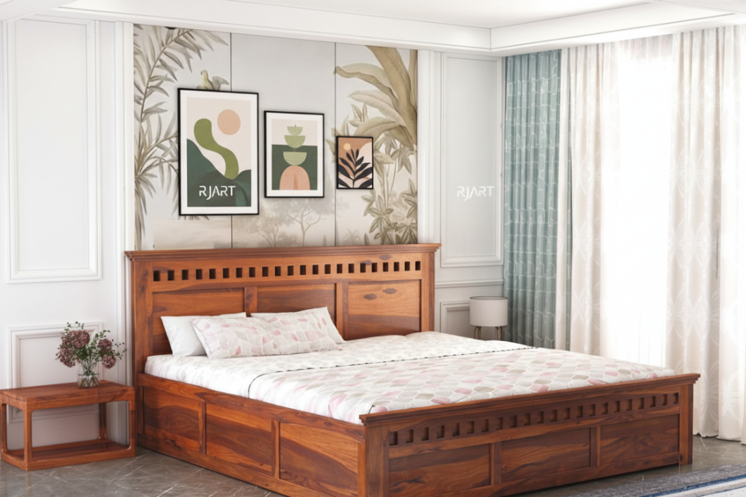 Rjart Wood Storage Bed | Double Bed Cot Bed With Box Storage For Bedroom | Sheesham