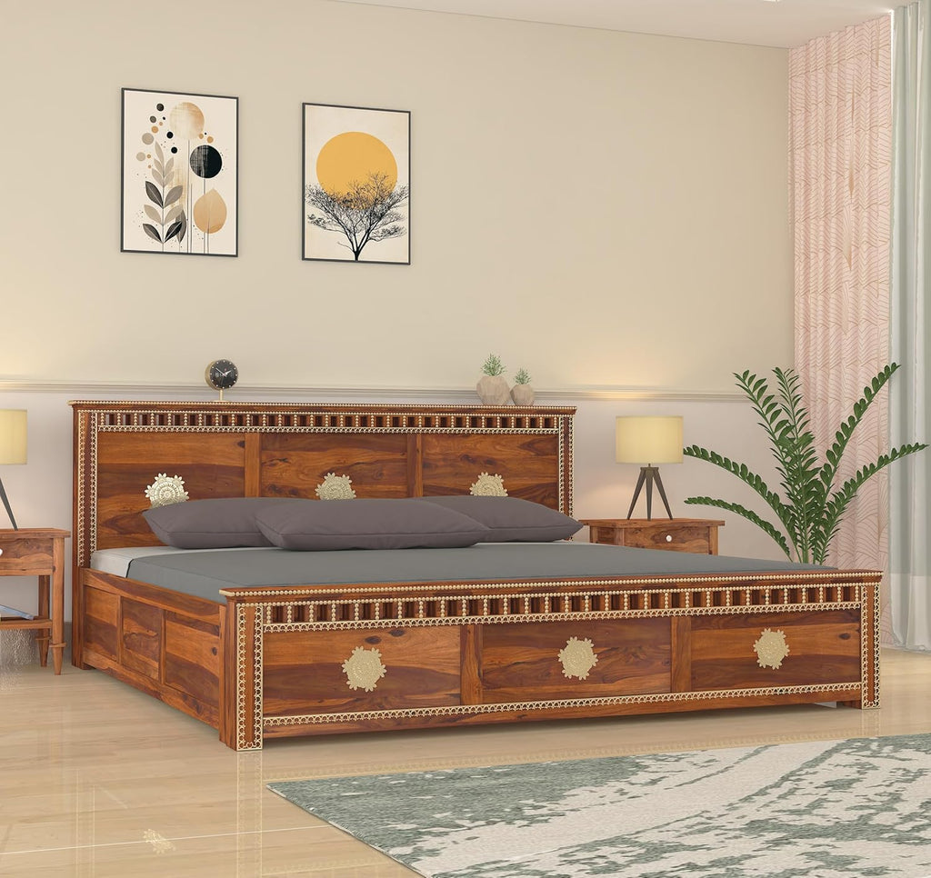 Rj Art Wood Storage Bed | Kuber Design Double Bed Cot Bed With Box Storage And Traditional Brass Work For Bedroom