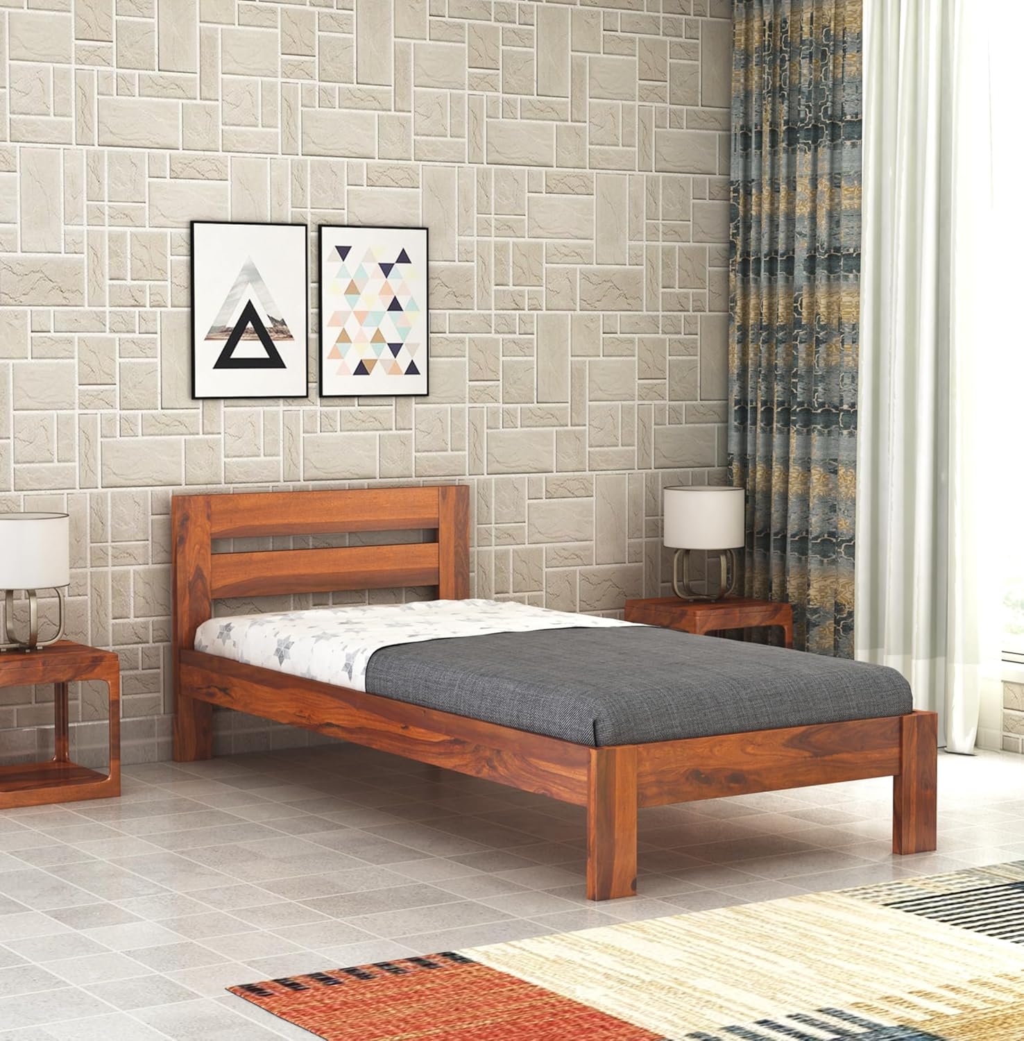 Wooden Single Bed Without Storage | Single Cot Wooden Palang | Space Saving Single Size Bed for Bedroom | Solid Sheesham Wood