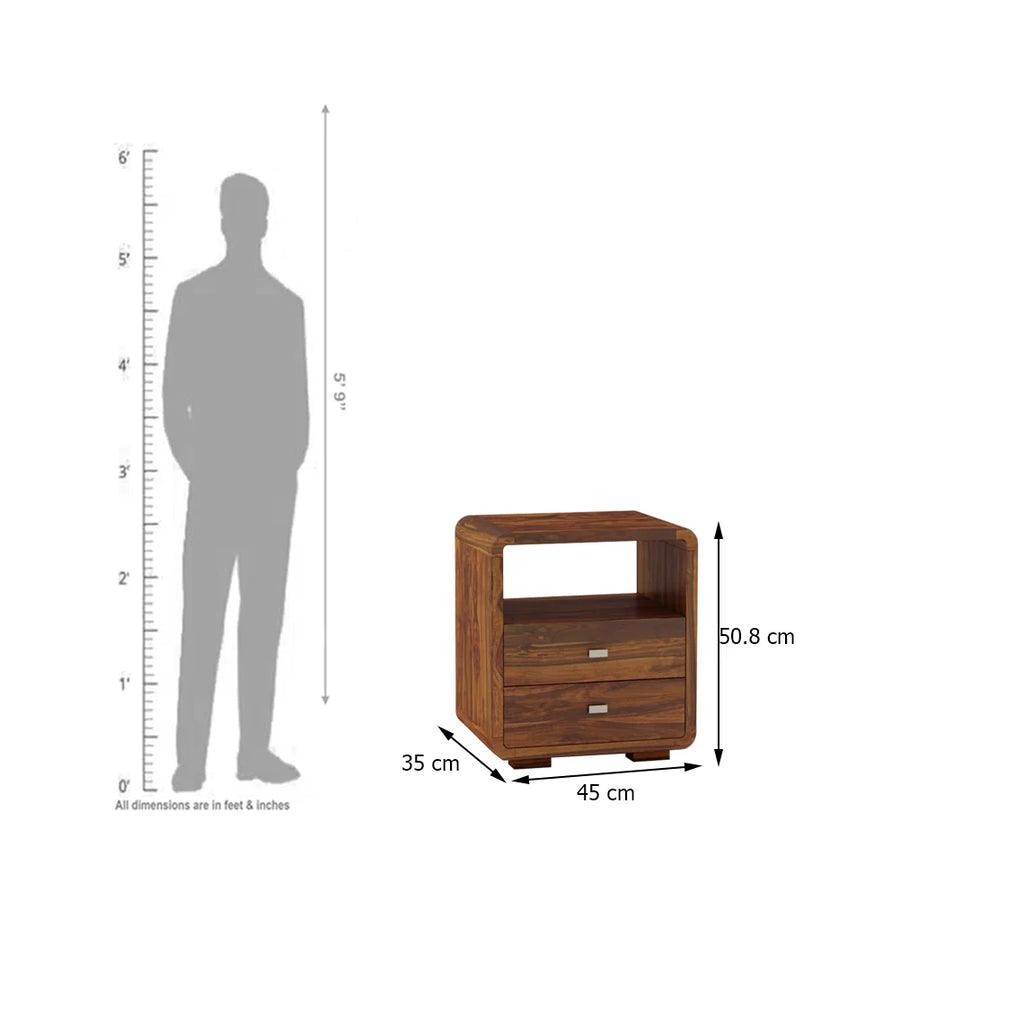 Nero Solid Sheesham Wood Bedside Table With Two Drawer Storage - 3 Years Warranty