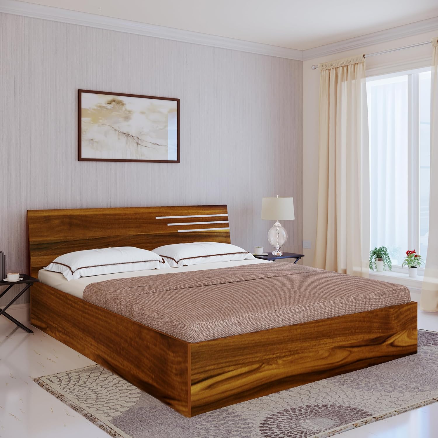 Bharat Lifestyle Amsterdam Engineered Wood Queen Size Bed with Storage (60x72 Inch, Brown, Laminated Finish) | Wooden Double Bed for Bedroom & Living Room