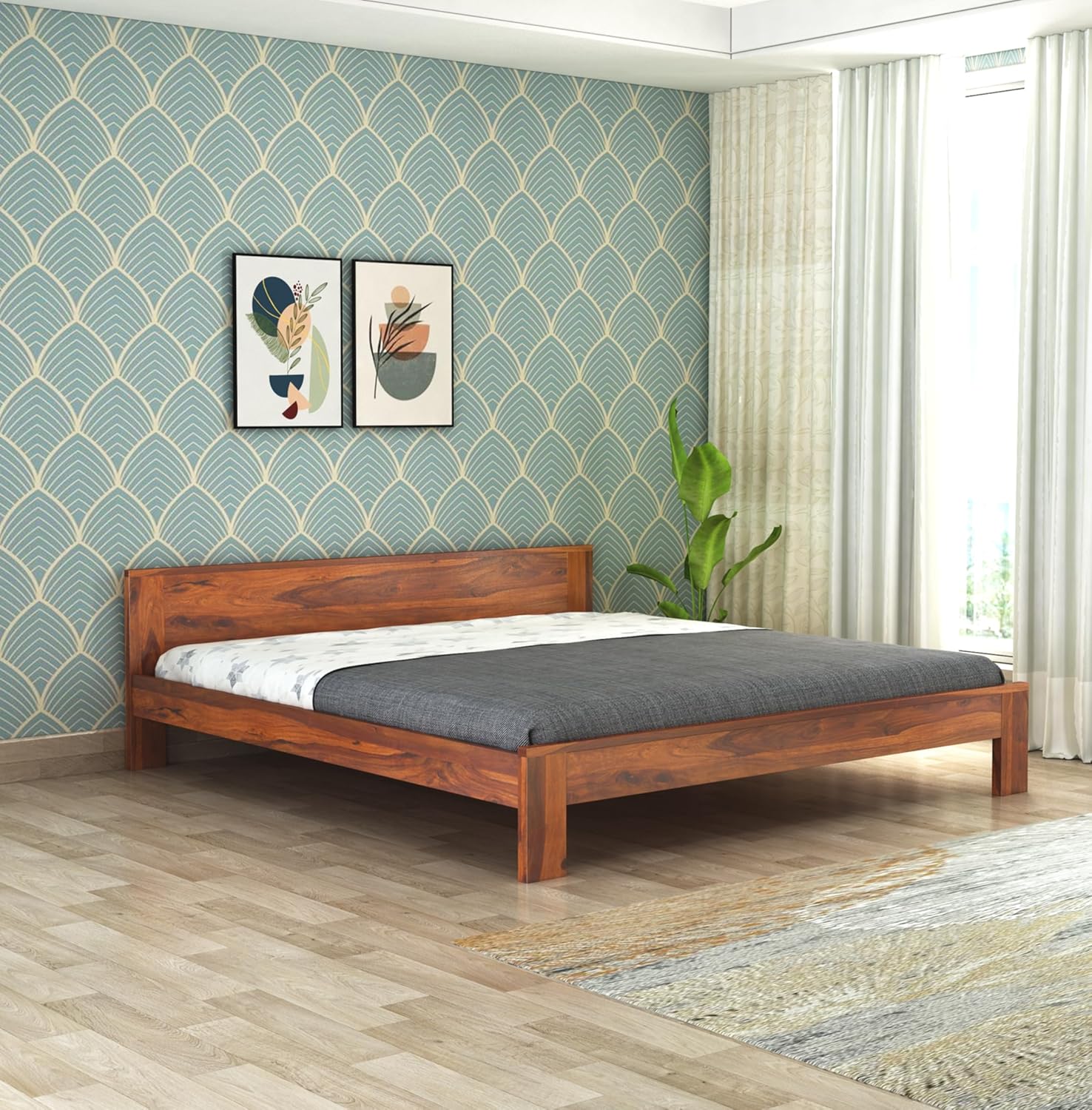 Wooden Bed Without Storage | Wooden Double Bed Cot Bed for Bedroom Furniture | Palang Double Bed for Hotels | Basic Headboard | Solid Sheesham Wood
