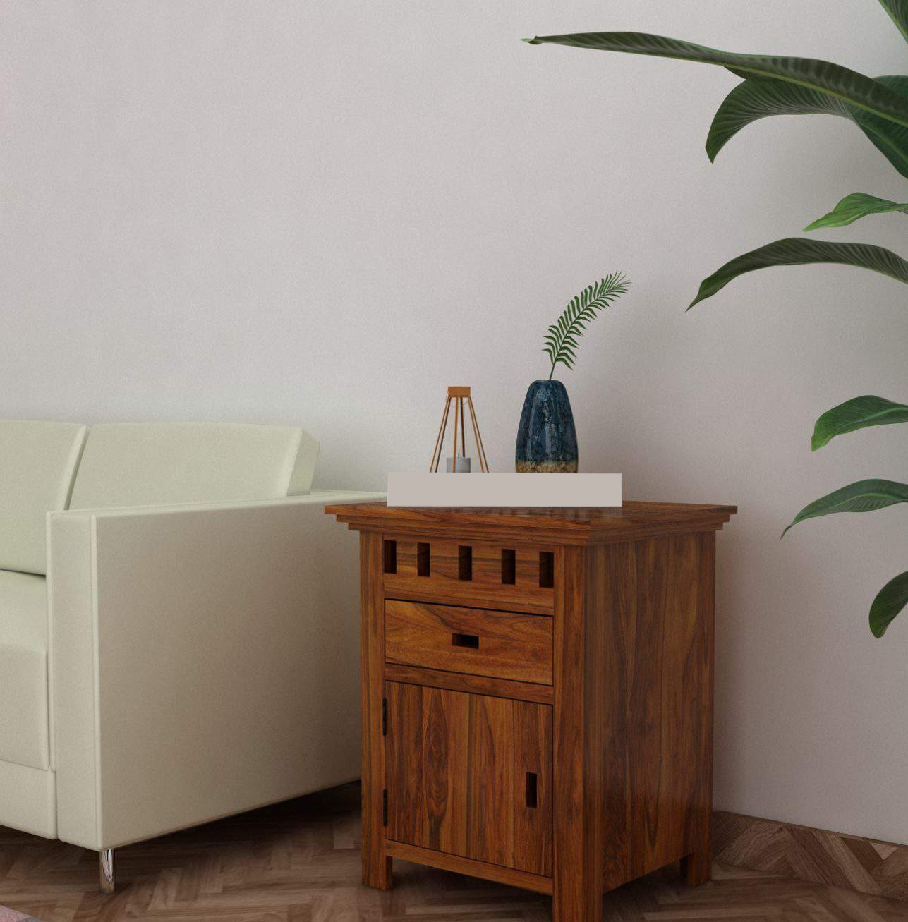 Savora Bedside Table With Storage in Solid Sheesham Wood - 3 Years Warranty