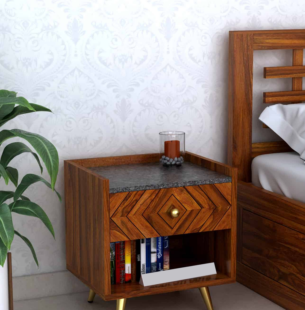 Crest Solid Sheesham Wood Bedside With Granite Top and Storage - 3 Years Warranty