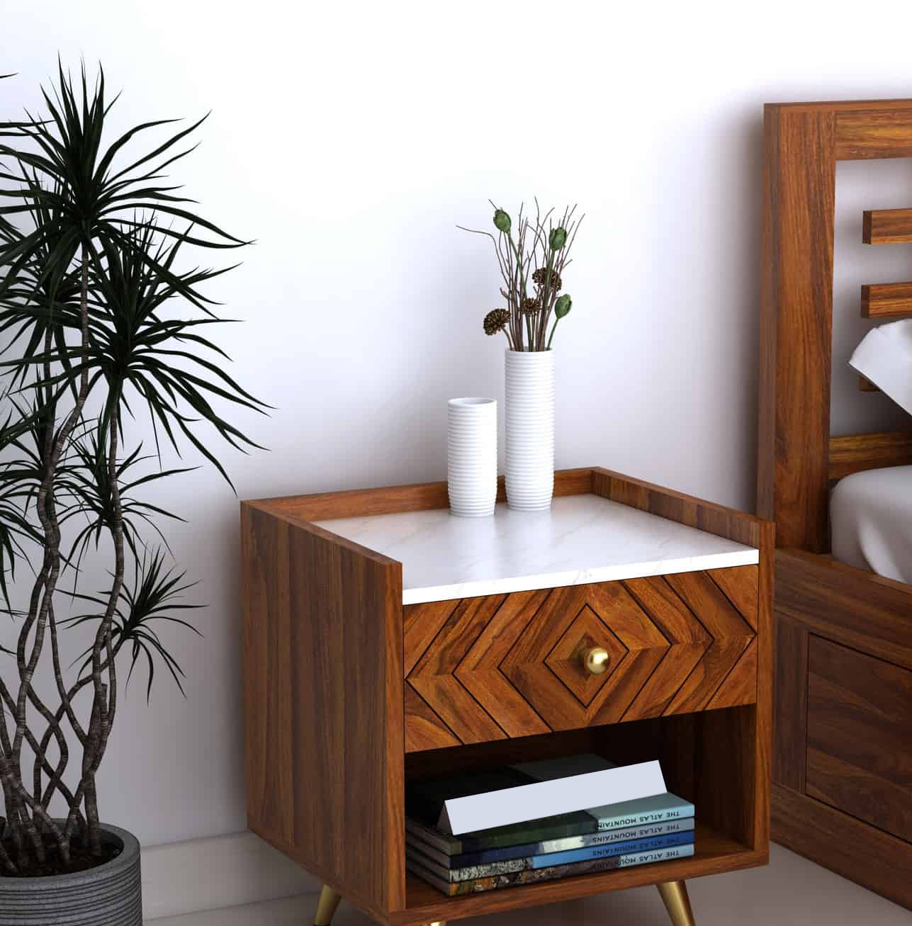 Crest Solid Sheesham Wood Bedside With Marble Top and Storage - 3 Years Warranty