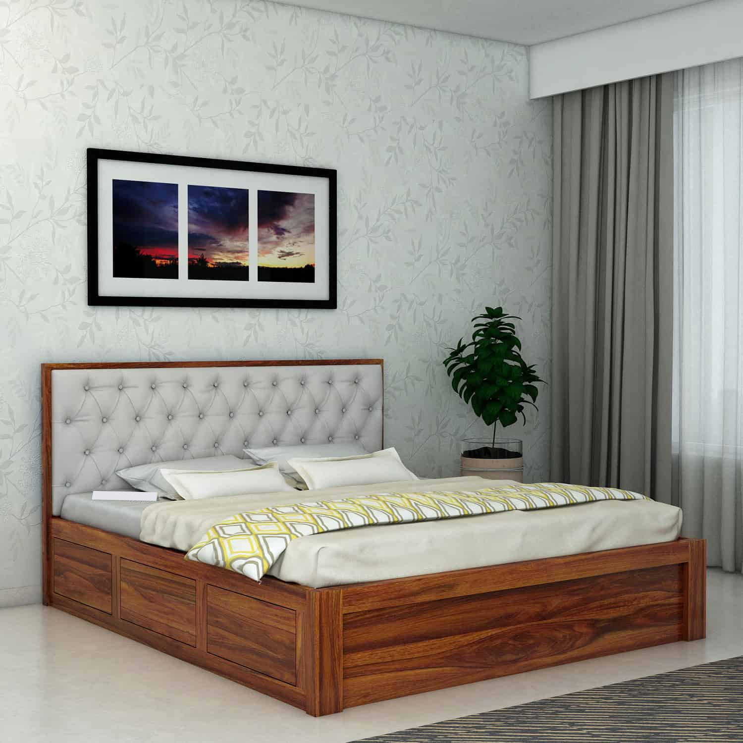 Decan Solid Sheesham Wood Bed with Box Storage and Upholstery Headboard - 3 Years Warranty