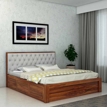 Decan Sheesham Bed With Box Storage And Upholstery Headboard - 3 Years Warranty