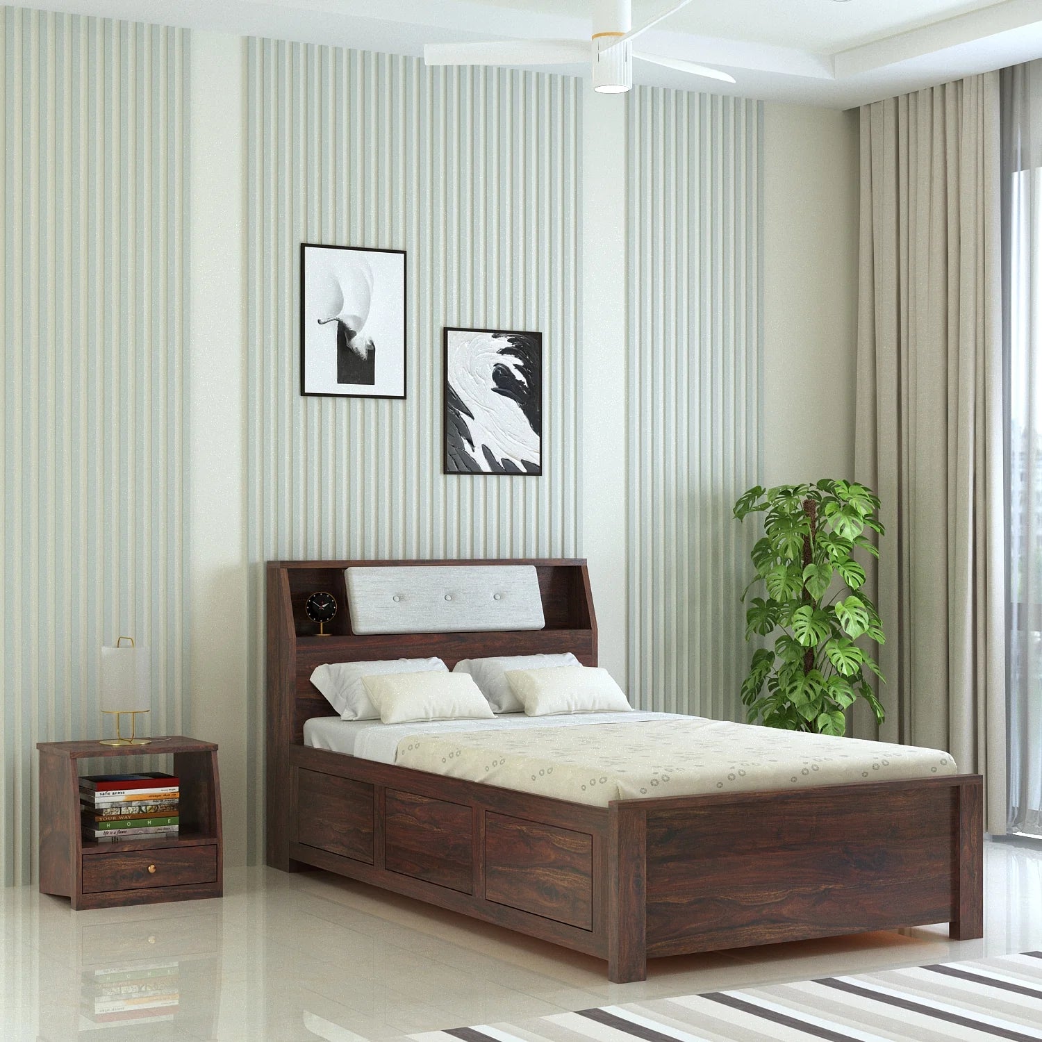 WoodCraft Solid Sheesham Wood 4 Feet Bed With Box Storage(BIG HEADREST)- 3 Years Warranty