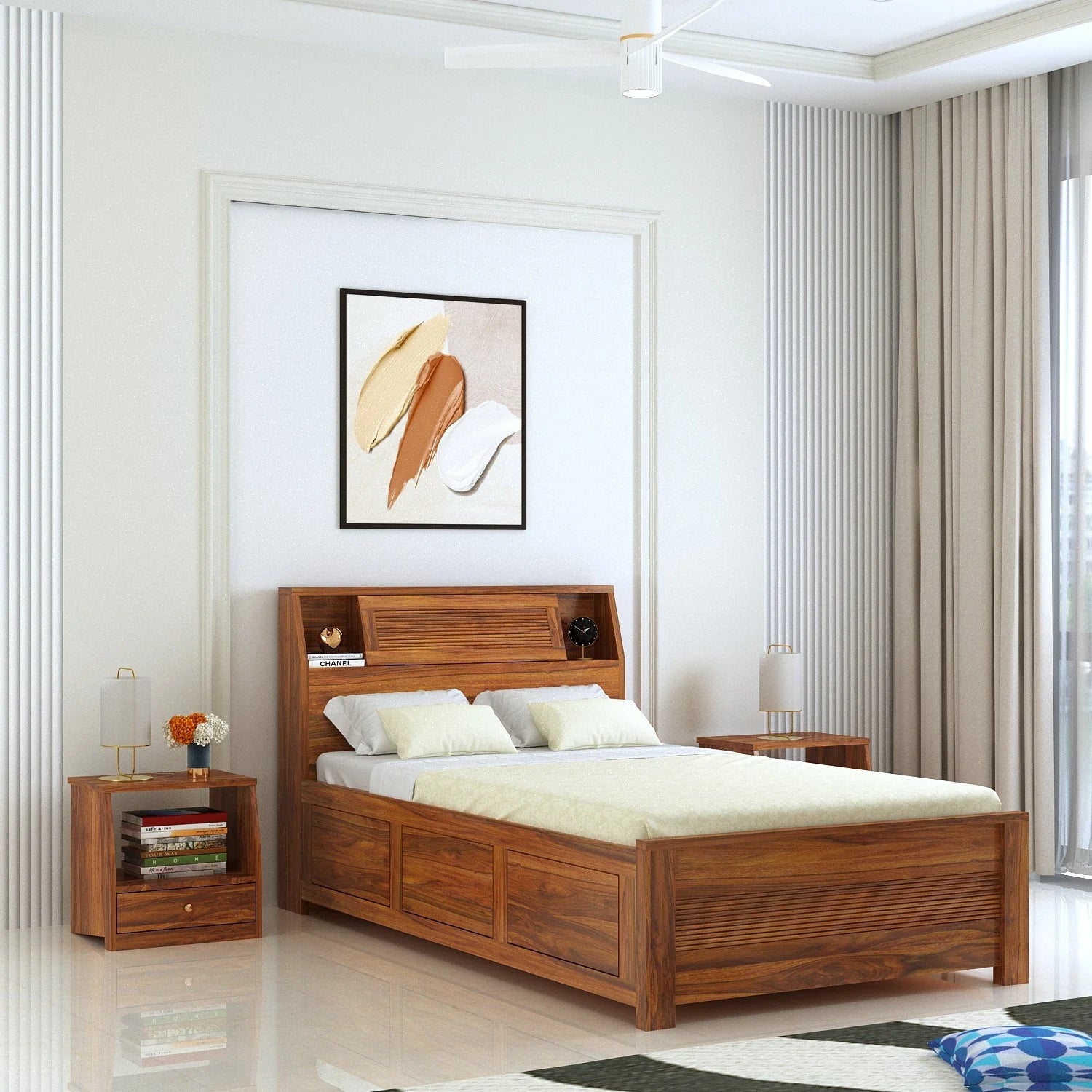 WoodCraft Groove Solid Sheesham Wood 4 Feet Bed With Box Storage(BIG HEADREST)- 3 years Warranty