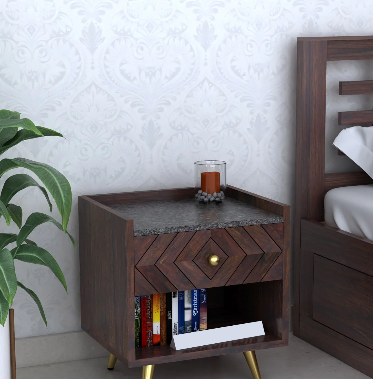 Crest Solid Sheesham Wood Bedside With Granite Top and Storage - 3 Years Warranty