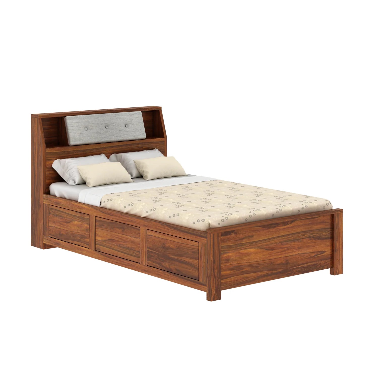 WoodCraft Solid Sheesham Wood 4 Feet Bed With Box Storage(BIG HEADREST)- 3 Years Warranty