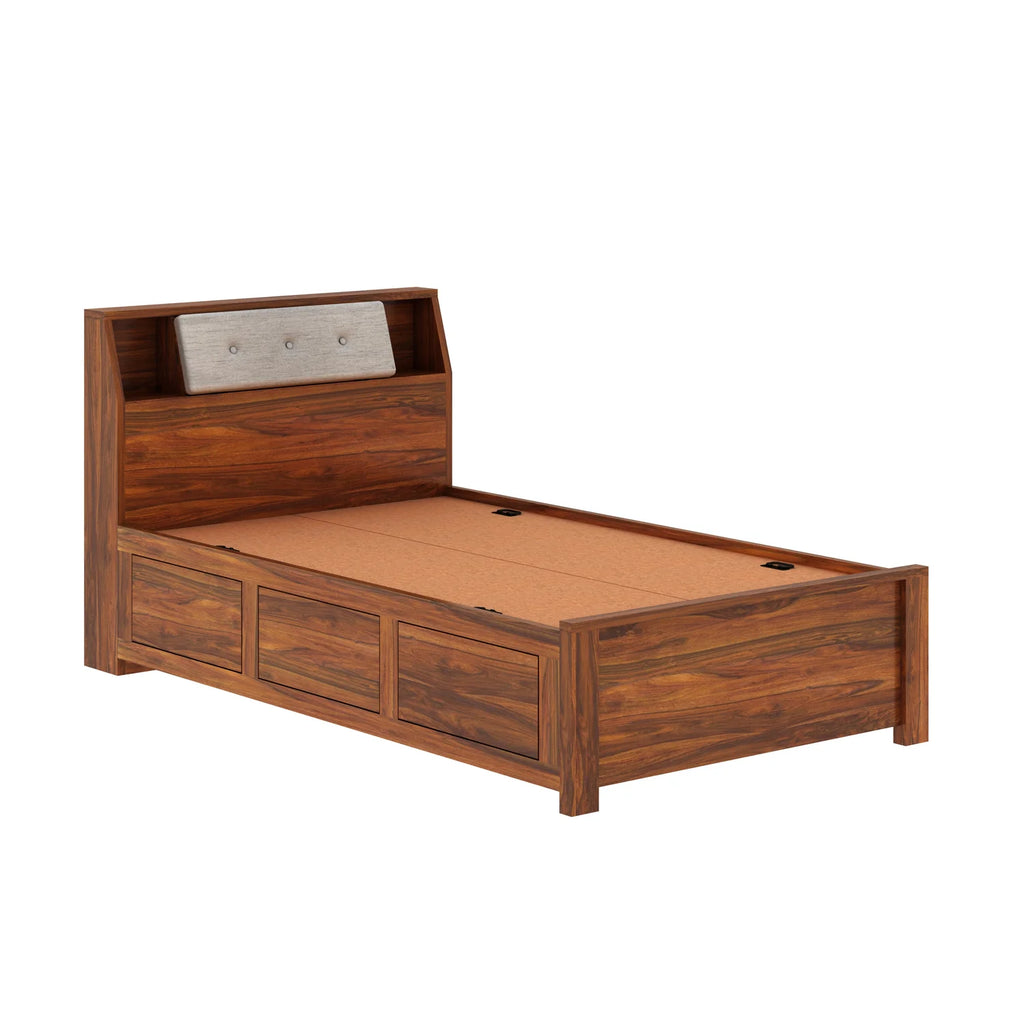 WoodCraft Solid Sheesham Wood 4 Feet Bed With Box Storage(BIG HEADREST)- 3 Years Warranty