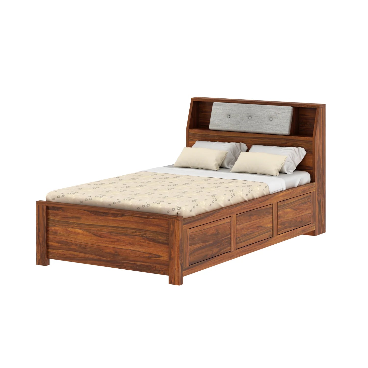 WoodCraft Solid Sheesham Wood 4 Feet Bed With Box Storage(BIG HEADREST)- 3 Years Warranty