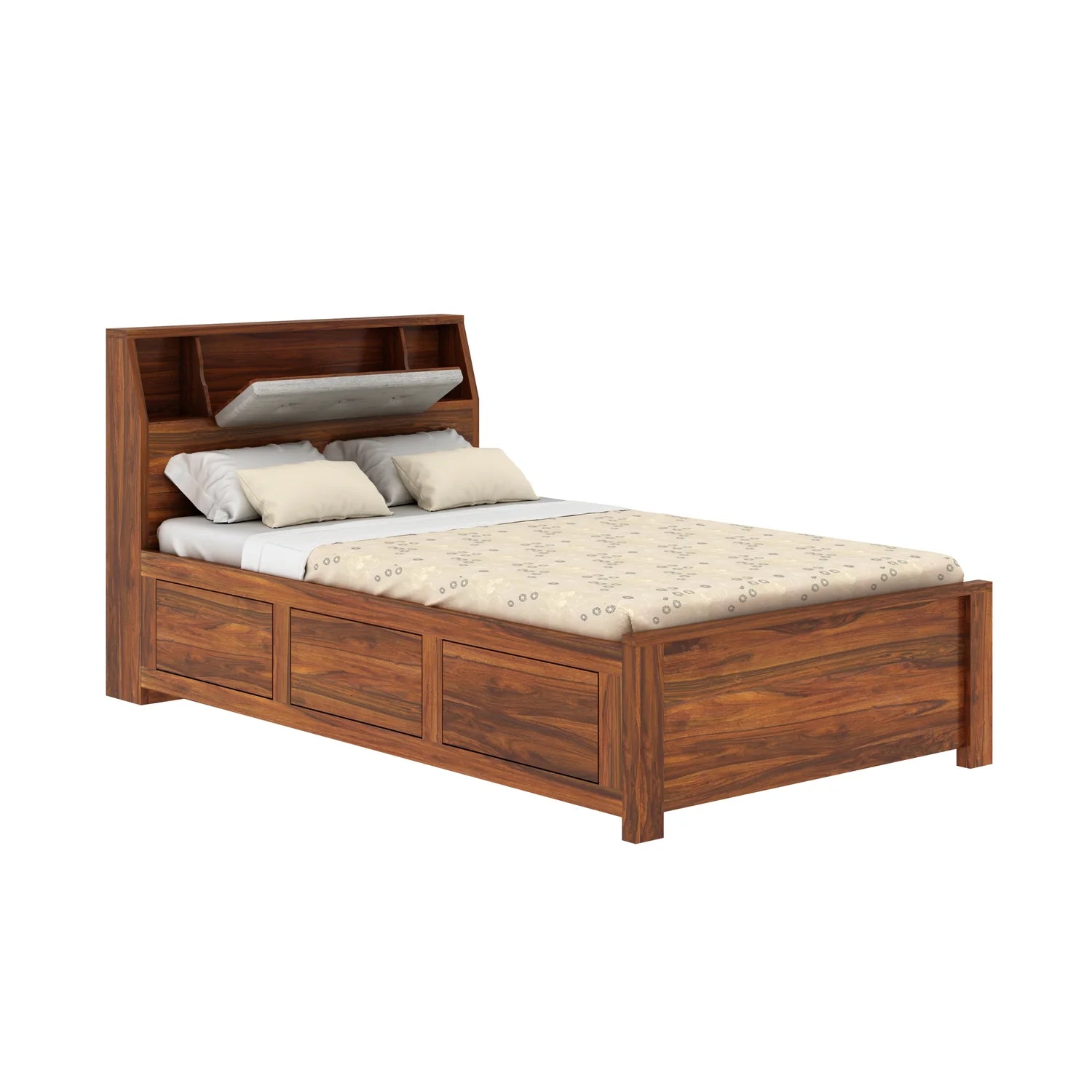 WoodCraft Solid Sheesham Wood 4 Feet Bed With Box Storage(BIG HEADREST)- 3 Years Warranty