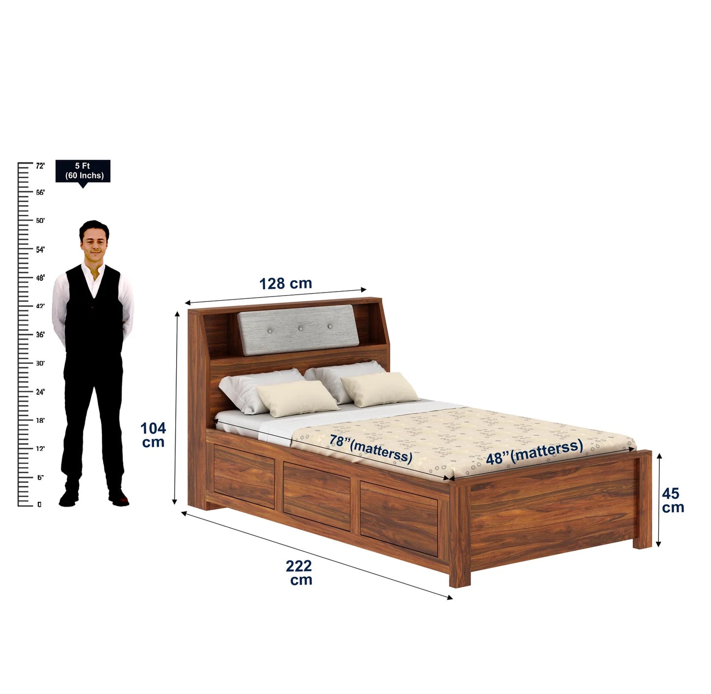 Woodcraft Sheesham 4 Feet Bed With Box Storage(Big Headrest)- 3 Years Warranty