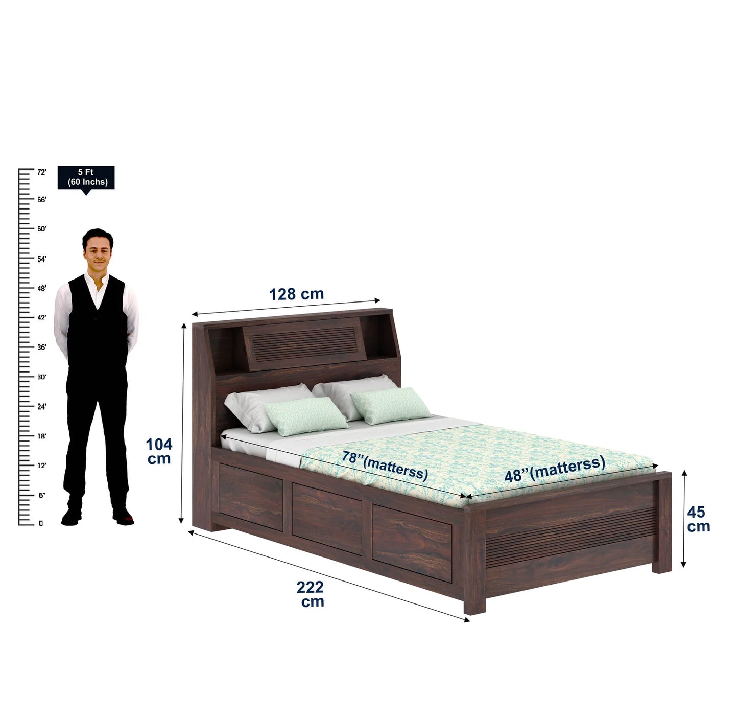 Woodcraft Groove Sheesham 4 Feet Bed With Box Storage(Big Headrest)- 3 Years Warranty