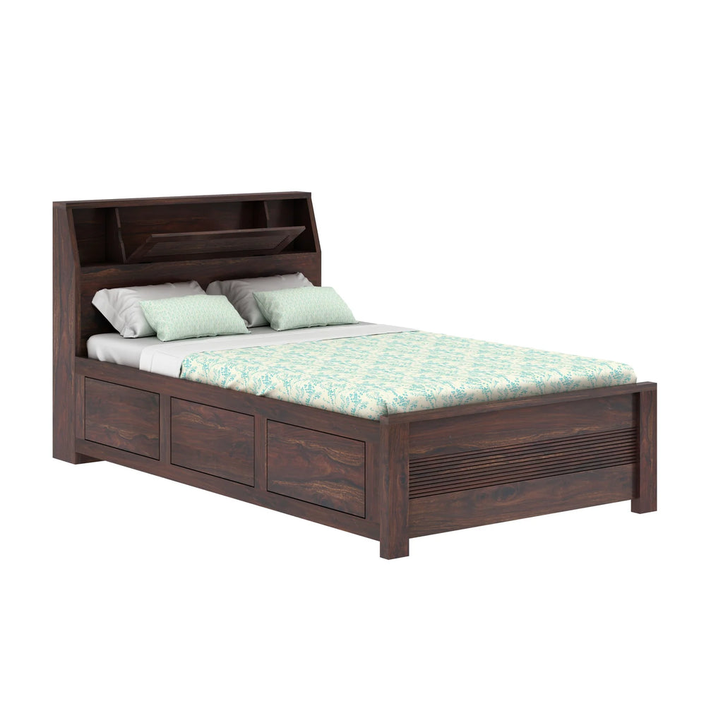 WoodCraft Groove Solid Sheesham Wood 4 Feet Bed With Box Storage(BIG HEADREST)- 3 years Warranty