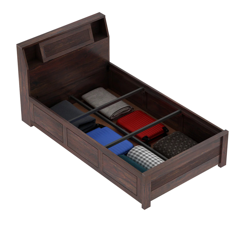 WoodCraft Groove Solid Sheesham Wood 4 Feet Bed With Box Storage(BIG HEADREST)- 3 years Warranty