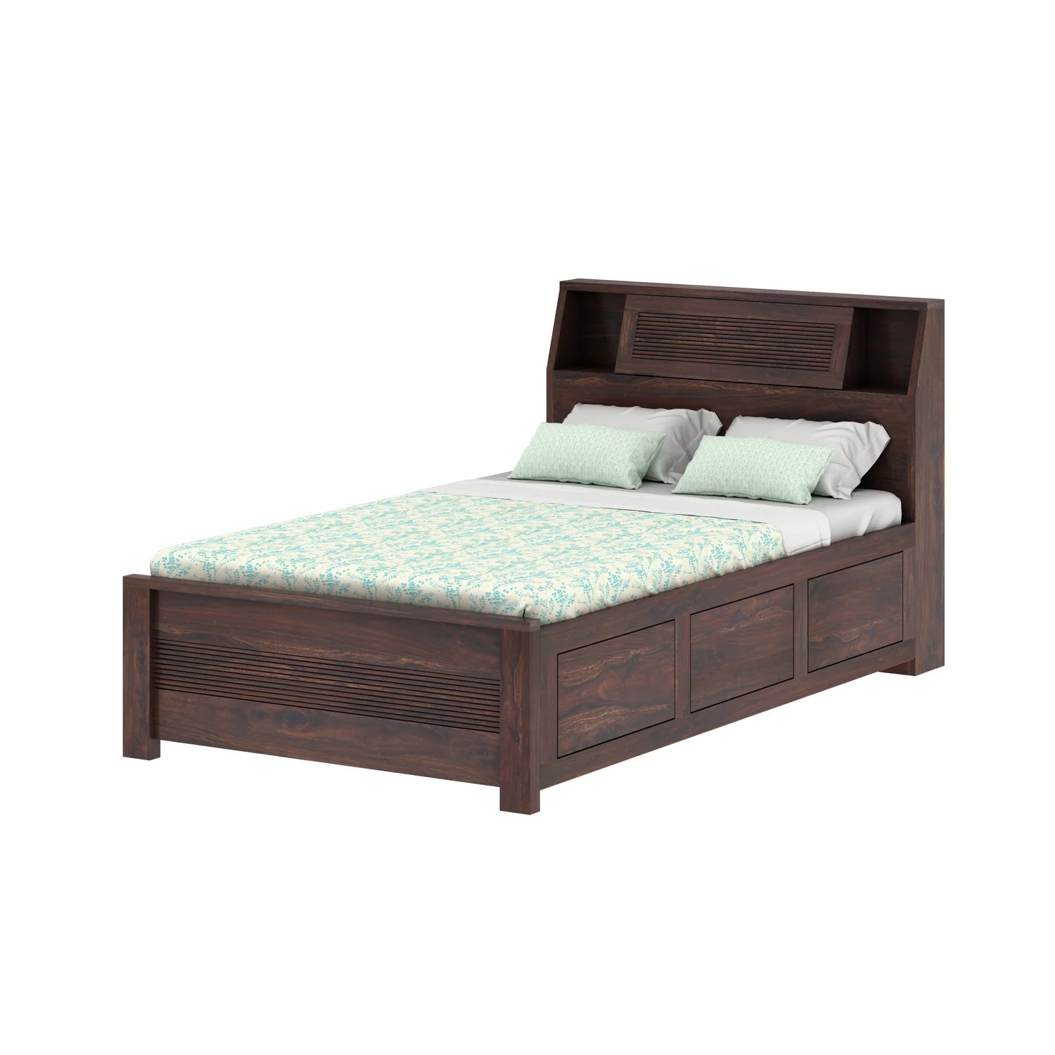 WoodCraft Groove Solid Sheesham Wood 4 Feet Bed With Box Storage(BIG HEADREST)- 3 years Warranty