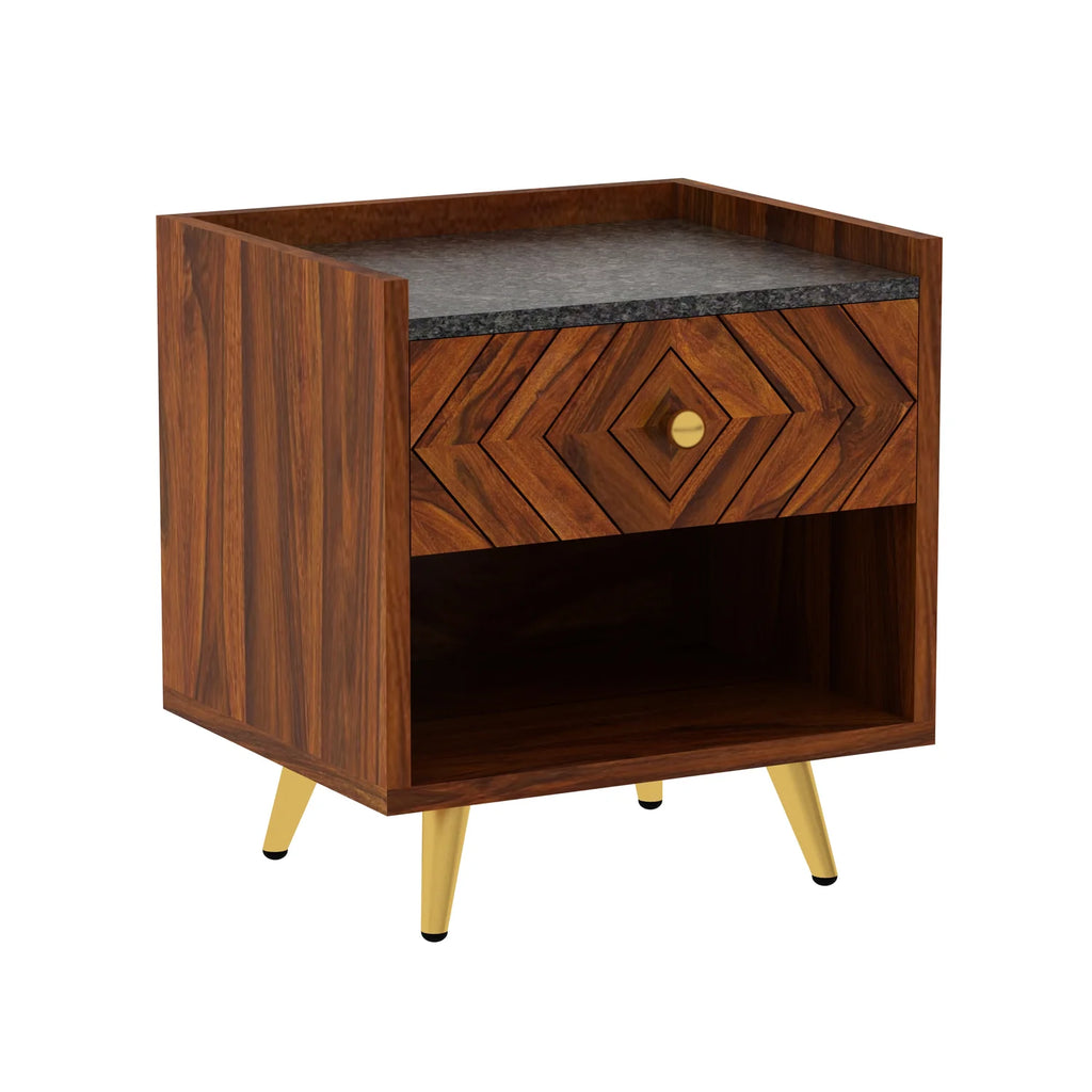 Crest Solid Sheesham Wood Bedside With Granite Top and Storage - 3 Years Warranty