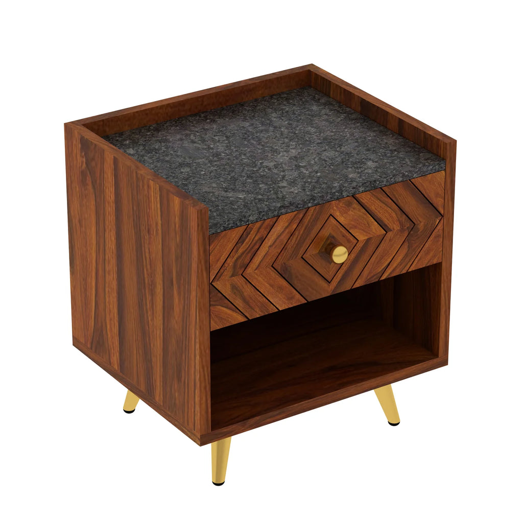 Crest Solid Sheesham Wood Bedside With Granite Top and Storage - 3 Years Warranty