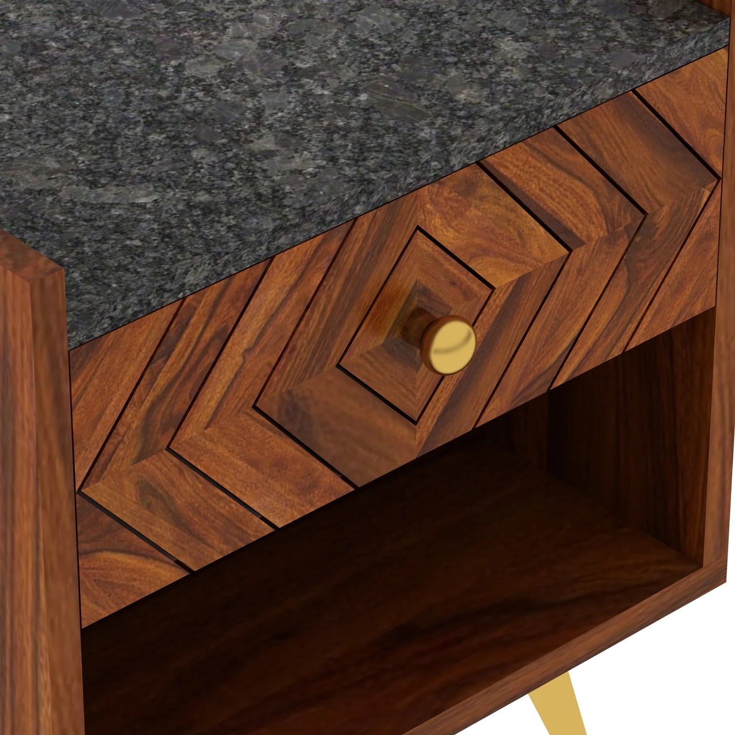 Crest Solid Sheesham Wood Bedside With Granite Top and Storage - 3 Years Warranty