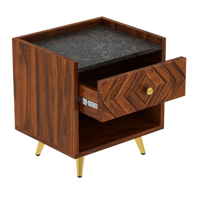 Crest Sheesham Bedside With Granite Top And Storage - 3 Years Warranty
