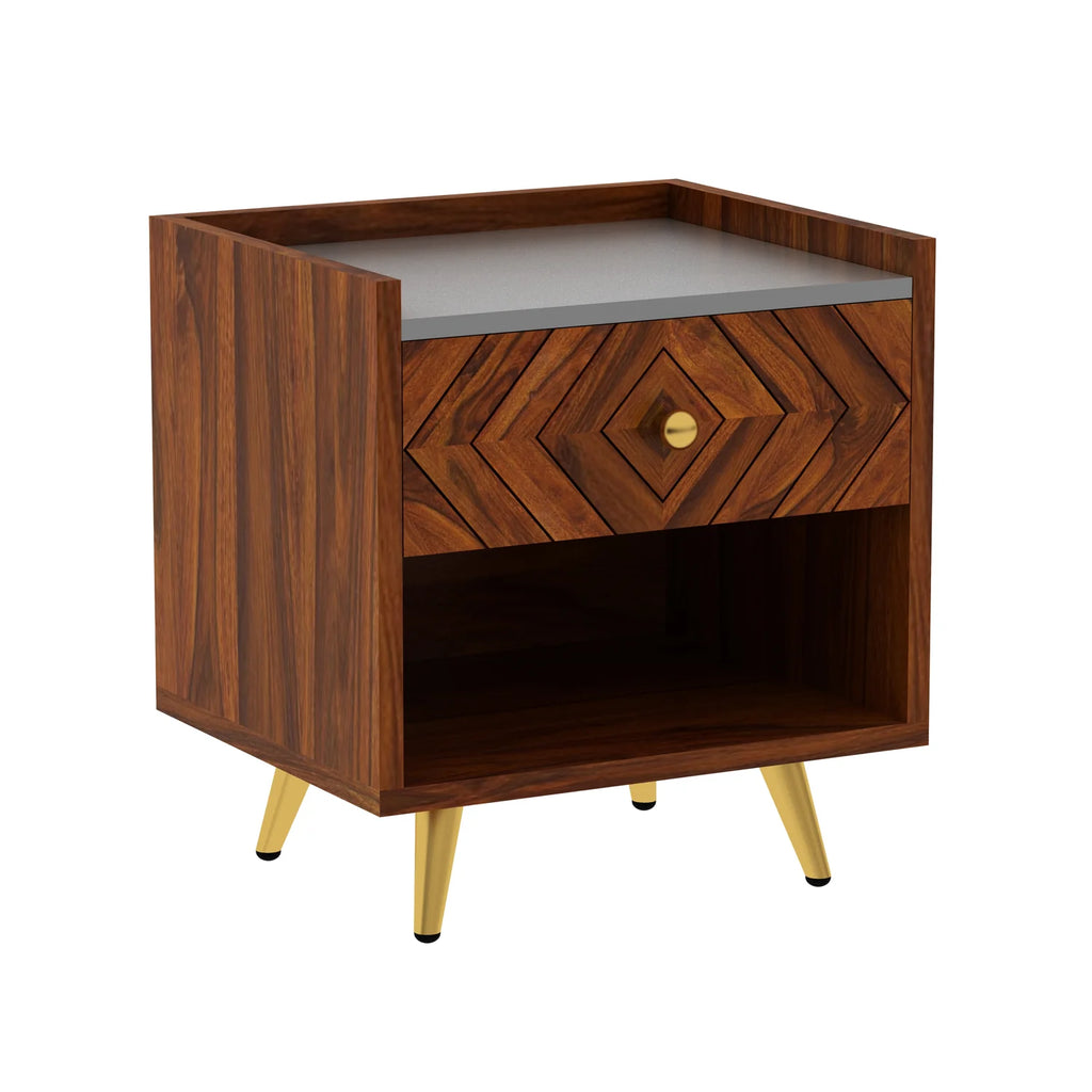 Crest Solid Sheesham Wood Bedside With Gray Top and Storage - 3 Years Warranty