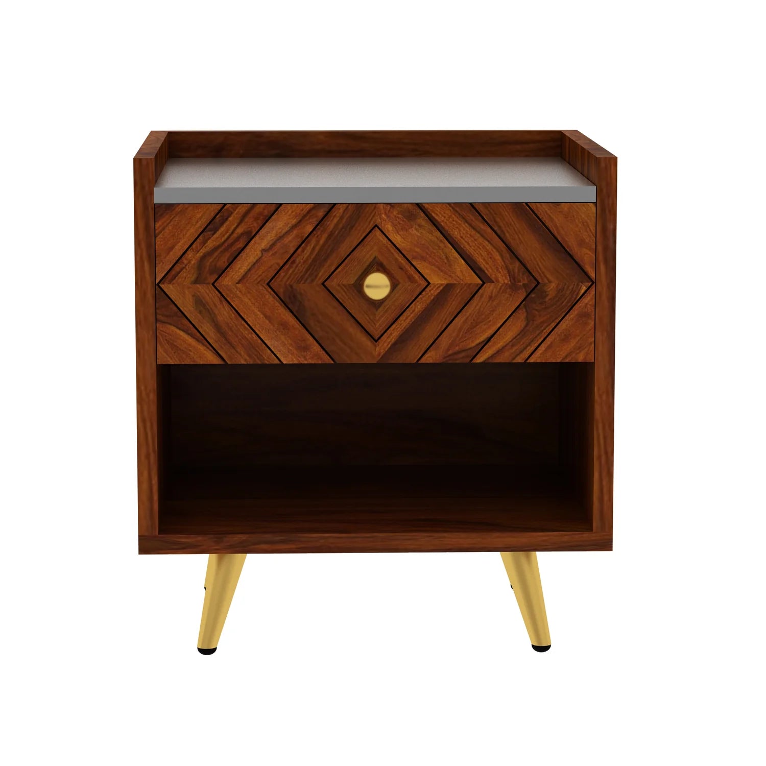 Crest Solid Sheesham Wood Bedside With Gray Top and Storage - 3 Years Warranty