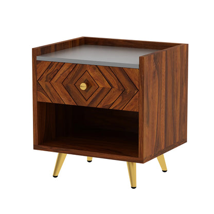 Crest Sheesham Bedside With Gray Top And Storage - 3 Years Warranty