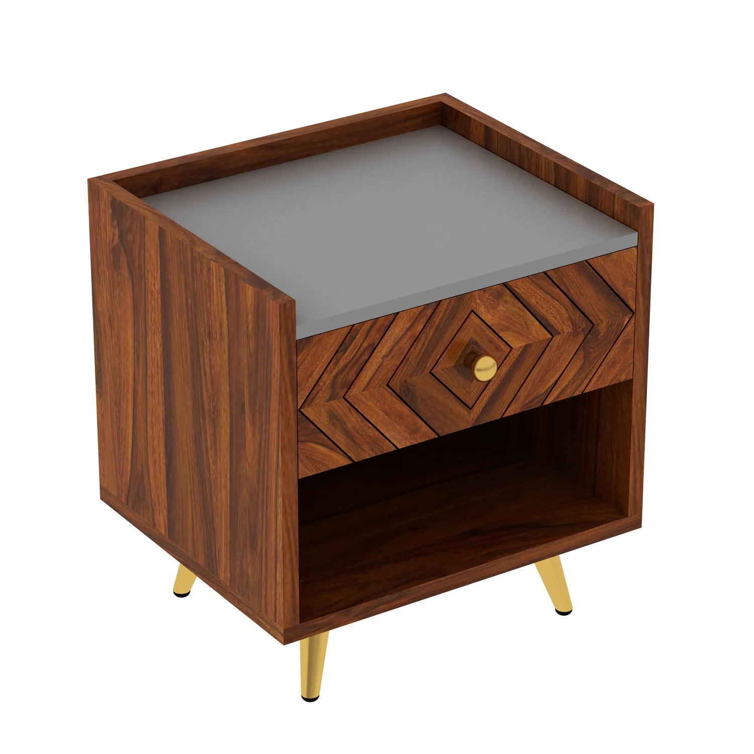 Crest Solid Sheesham Wood Bedside With Gray Top and Storage - 3 Years Warranty