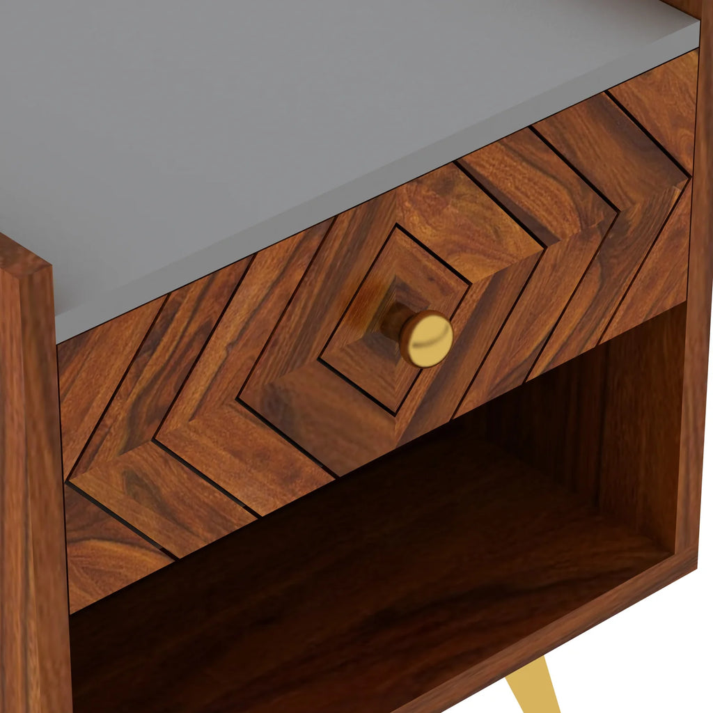 Crest Solid Sheesham Wood Bedside With Gray Top and Storage - 3 Years Warranty