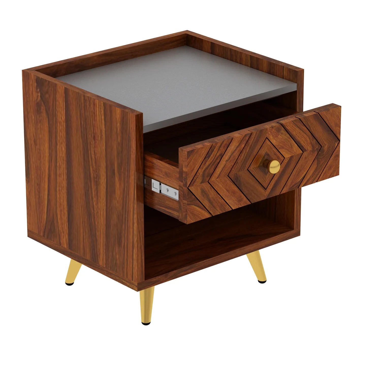 Crest Solid Sheesham Wood Bedside With Gray Top and Storage - 3 Years Warranty