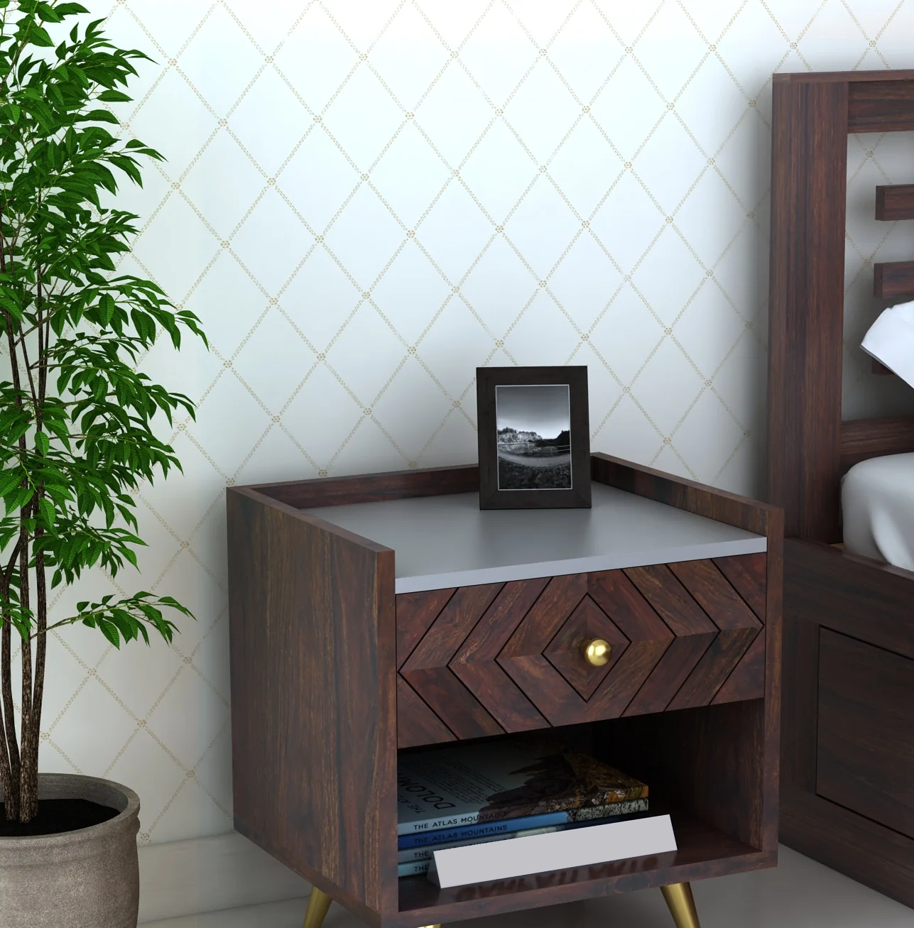 Crest Solid Sheesham Wood Bedside With Gray Top and Storage - 3 Years Warranty