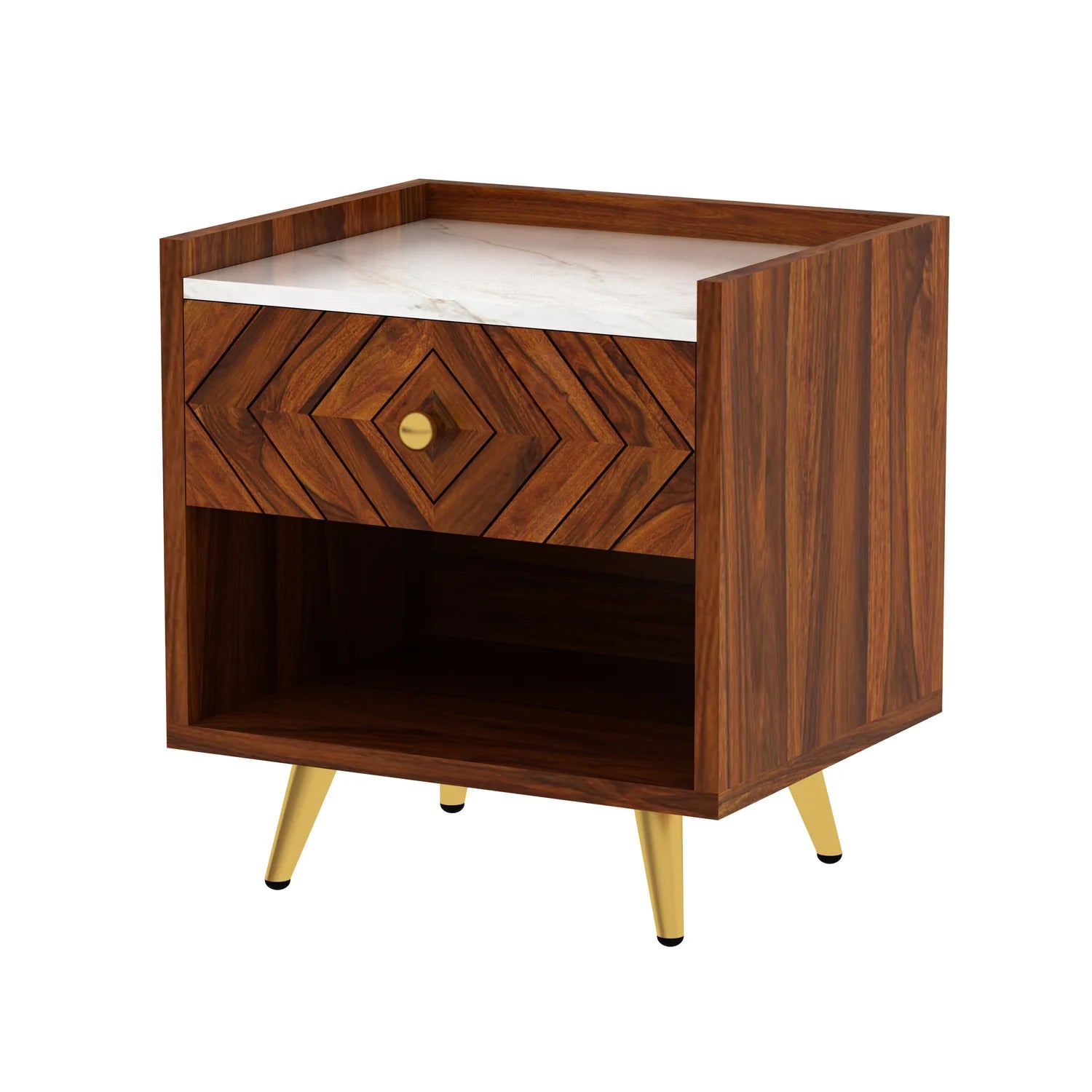 Crest Solid Sheesham Wood Bedside With Marble Top and Storage - 3 Years Warranty