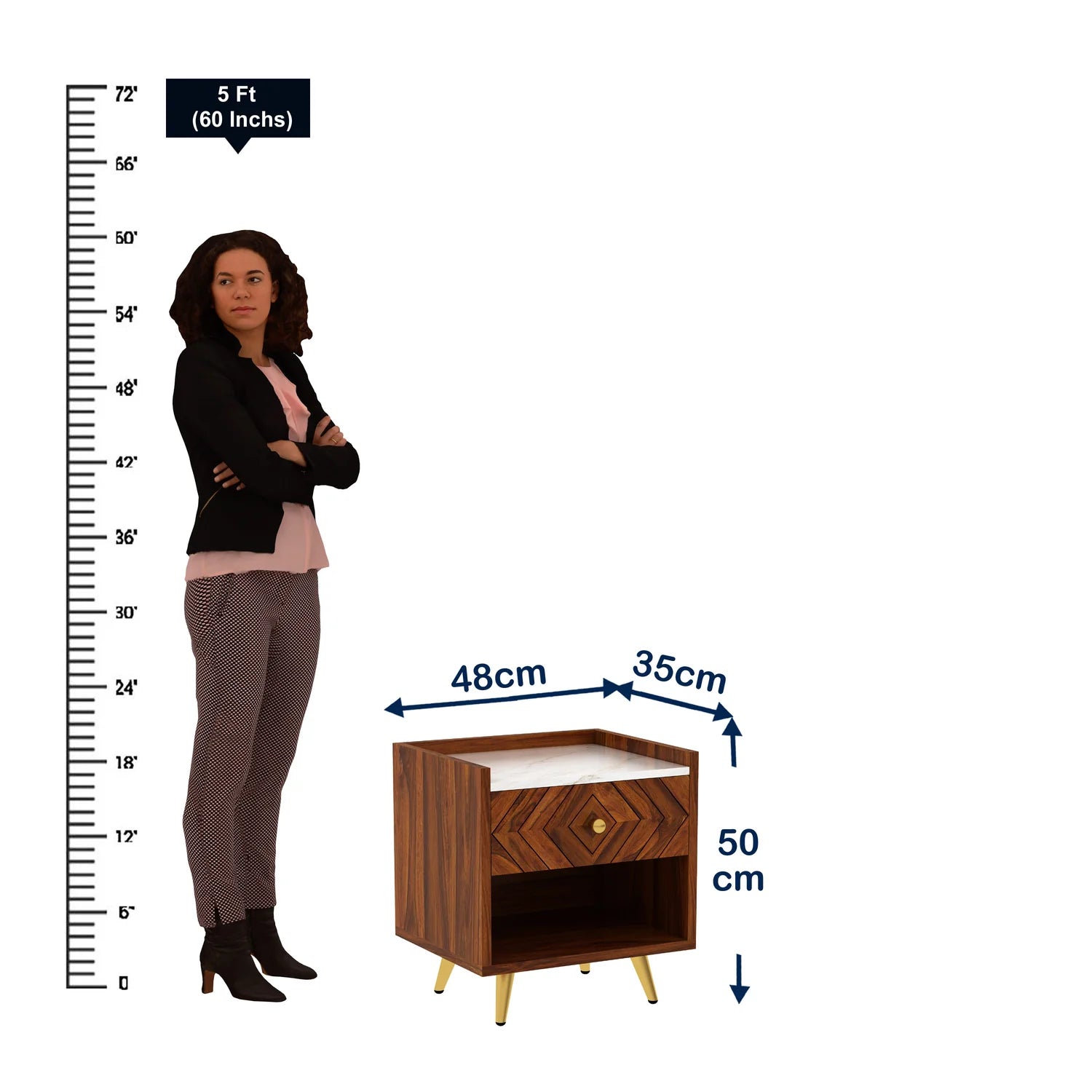 Crest Solid Sheesham Wood Bedside With Marble Top and Storage - 3 Years Warranty