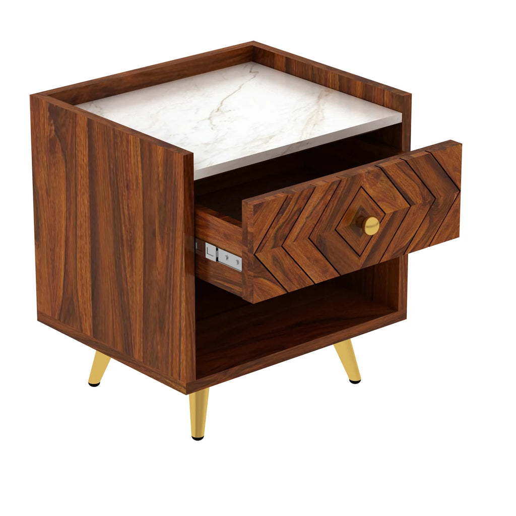 Crest Solid Sheesham Wood Bedside With Marble Top and Storage - 3 Years Warranty