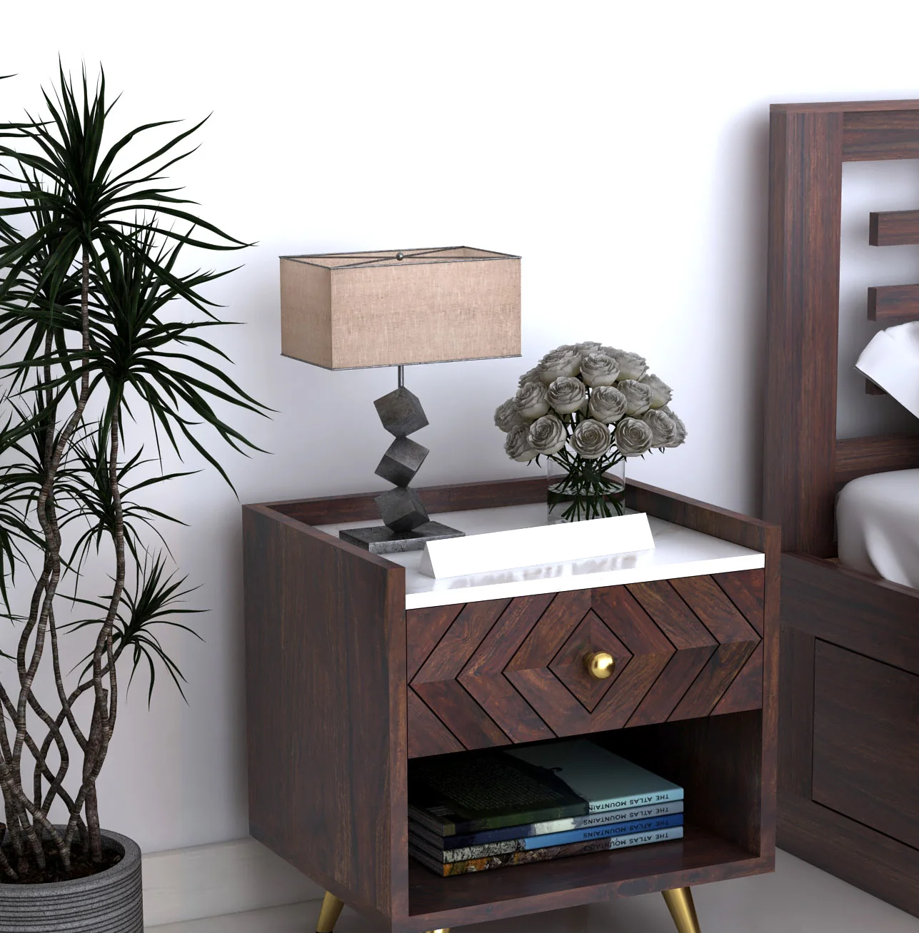 Crest Solid Sheesham Wood Bedside With Marble Top and Storage - 3 Years Warranty