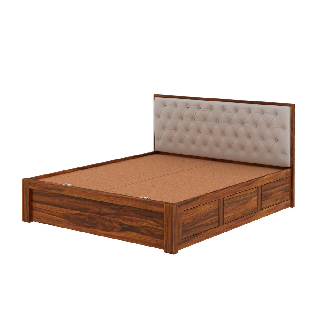 Decan Solid Sheesham Wood Bed with Box Storage and Upholstery Headboard - 3 Years Warranty